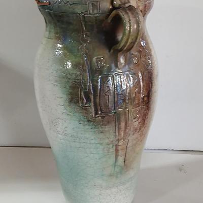 Signed Large Handcrafted Ceramic Vase – Rustic Crackle Glaze with Dual Handles & Leather Accent