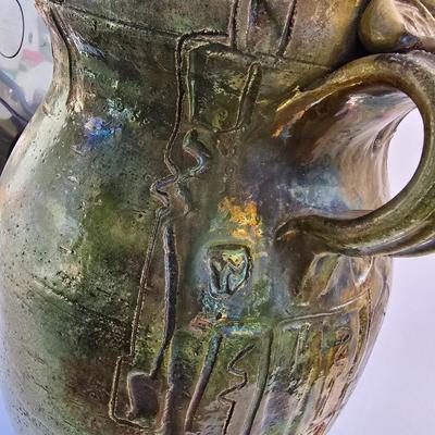 Signed Large Handcrafted Ceramic Vase – Rustic Crackle Glaze with Dual Handles & Leather Accent