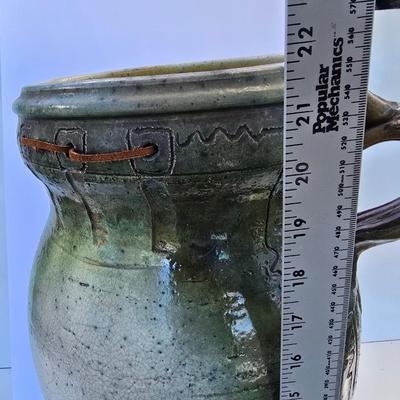 Signed Large Handcrafted Ceramic Vase – Rustic Crackle Glaze with Dual Handles & Leather Accent