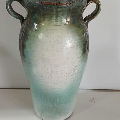 Signed Large Handcrafted Ceramic Vase – Rustic Crackle Glaze with Dual Handles & Leather Accent