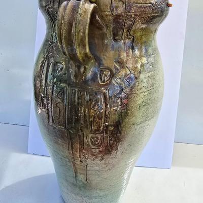 Signed Large Handcrafted Ceramic Vase – Rustic Crackle Glaze with Dual Handles & Leather Accent