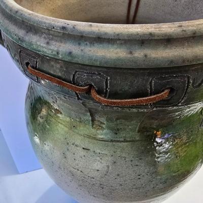 Signed Large Handcrafted Ceramic Vase – Rustic Crackle Glaze with Dual Handles & Leather Accent