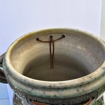 Signed Large Handcrafted Ceramic Vase – Rustic Crackle Glaze with Dual Handles & Leather Accent