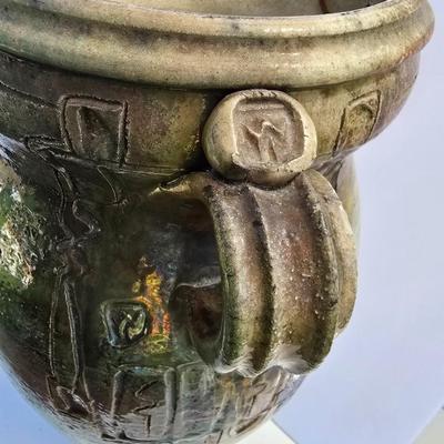 Signed Large Handcrafted Ceramic Vase – Rustic Crackle Glaze with Dual Handles & Leather Accent