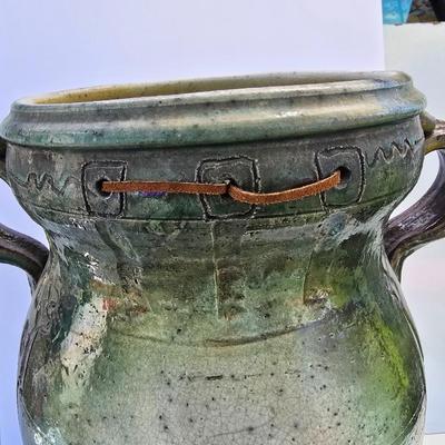 Signed Large Handcrafted Ceramic Vase – Rustic Crackle Glaze with Dual Handles & Leather Accent