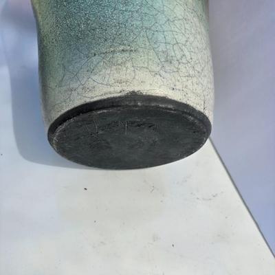 Signed Large Handcrafted Ceramic Vase – Rustic Crackle Glaze with Dual Handles & Leather Accent