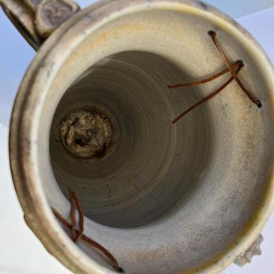 Signed Large Handcrafted Ceramic Vase – Rustic Crackle Glaze with Dual Handles & Leather Accent
