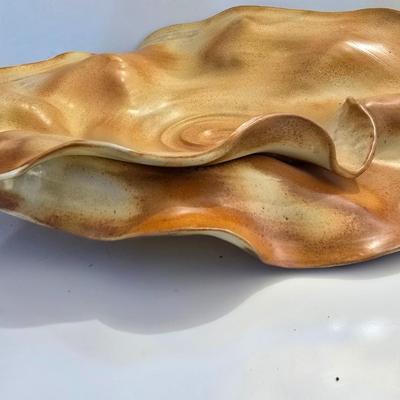 Signed Studio Pottery Ripple Platter & Bowl Set by R. Smith – Organic Modern Cabbage shaped Bowl (2009 & 2010)