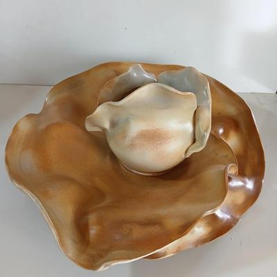 Signed Studio Pottery Ripple Platter & Bowl Set by R. Smith – Organic Modern Cabbage shaped Bowl (2009 & 2010)