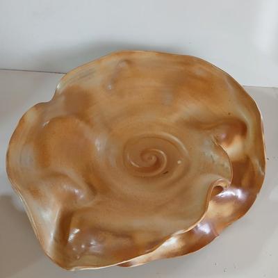 Signed Studio Pottery Ripple Platter & Bowl Set by R. Smith – Organic Modern Cabbage shaped Bowl (2009 & 2010)