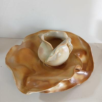 Signed Studio Pottery Ripple Platter & Bowl Set by R. Smith – Organic Modern Cabbage shaped Bowl (2009 & 2010)
