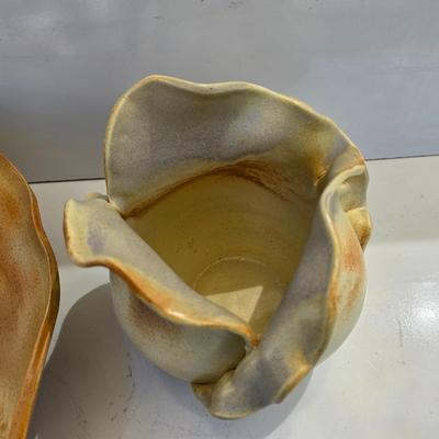 Signed Studio Pottery Ripple Platter & Bowl Set by R. Smith – Organic Modern Cabbage shaped Bowl (2009 & 2010)
