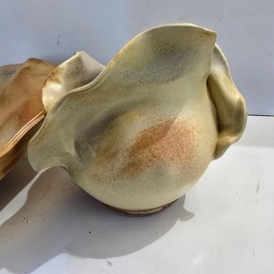 Signed Studio Pottery Ripple Platter & Bowl Set by R. Smith – Organic Modern Cabbage shaped Bowl (2009 & 2010)