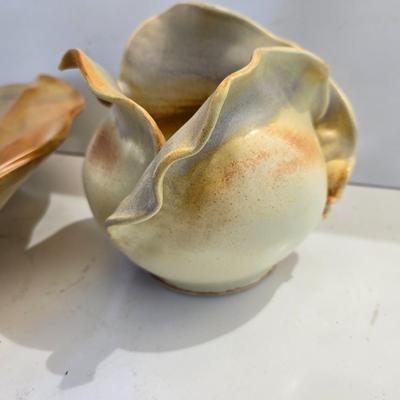 Signed Studio Pottery Ripple Platter & Bowl Set by R. Smith – Organic Modern Cabbage shaped Bowl (2009 & 2010)