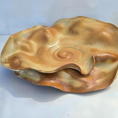 Signed Studio Pottery Ripple Platter & Bowl Set by R. Smith – Organic Modern Cabbage shaped Bowl (2009 & 2010)