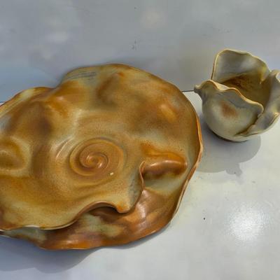 Signed Studio Pottery Ripple Platter & Bowl Set by R. Smith – Organic Modern Cabbage shaped Bowl (2009 & 2010)