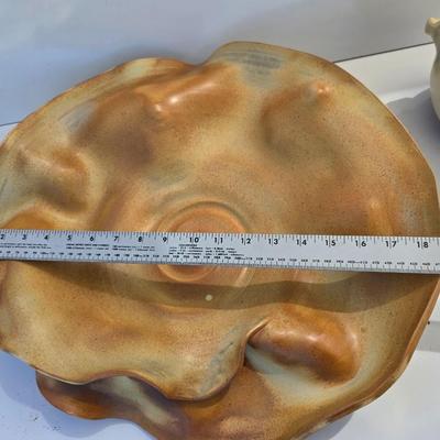 Signed Studio Pottery Ripple Platter & Bowl Set by R. Smith – Organic Modern Cabbage shaped Bowl (2009 & 2010)