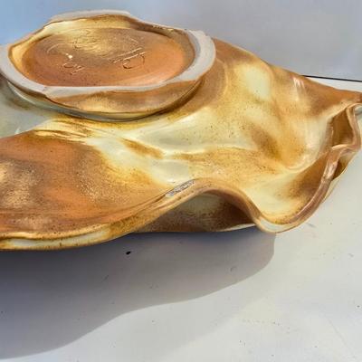 Signed Studio Pottery Ripple Platter & Bowl Set by R. Smith – Organic Modern Cabbage shaped Bowl (2009 & 2010)