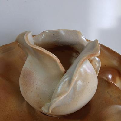 Signed Studio Pottery Ripple Platter & Bowl Set by R. Smith – Organic Modern Cabbage shaped Bowl (2009 & 2010)