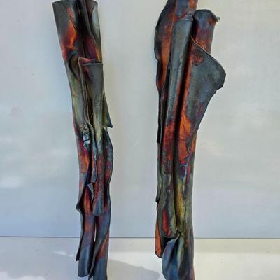Pair of Raku-Fired Ceramic Wall Sculptures – Abstract Folded Forms with Iridescent Glaze