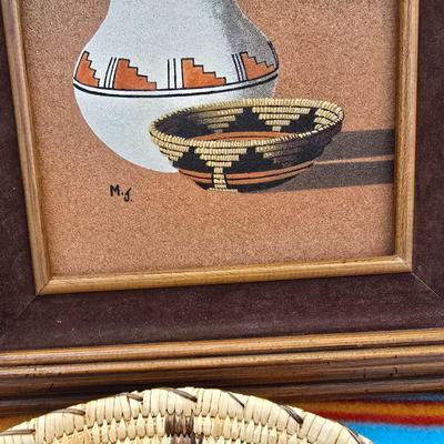 Handwoven Basket & Native Motif Framed Sand Art
