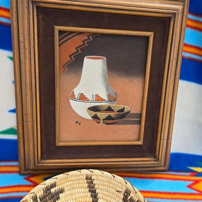 Handwoven Basket & Native Motif Framed Sand Art
