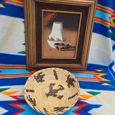 Handwoven Basket & Native Motif Framed Sand Art