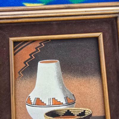 Handwoven Basket & Native Motif Framed Sand Art
