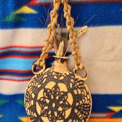 Framed Portrait by Mariela Villasmil-Kaminski & Signed Southwestern Hanging Pottery Vase