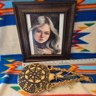 Framed Portrait by Mariela Villasmil-Kaminski & Signed Southwestern Hanging Pottery Vase