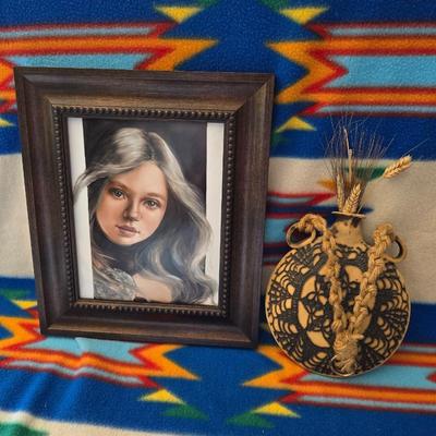 Framed Portrait by Mariela Villasmil-Kaminski & Signed Southwestern Hanging Pottery Vase
