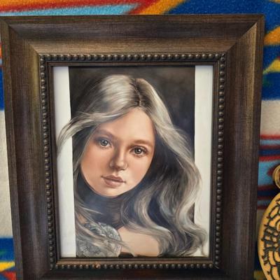 Framed Portrait by Mariela Villasmil-Kaminski & Signed Southwestern Hanging Pottery Vase