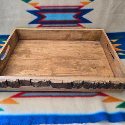 Rustic Wood Bark-Edge Tray & Woven Basket – Set of 2
