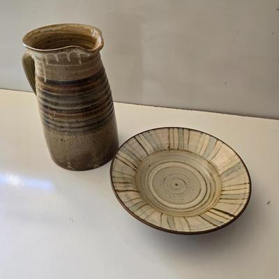 Signed Studio Pottery Set – Tall Pitcher & Decorative Bowl