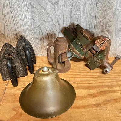 Vintage Metal Lot - Cable Cutter, Littco Vise, Cast Iron, Brass Bell