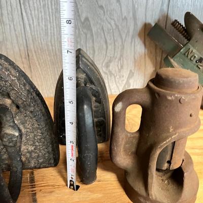 Vintage Metal Lot - Cable Cutter, Littco Vise, Cast Iron, Brass Bell