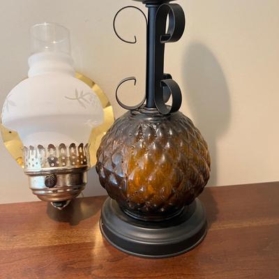 2 Vintage Lamps - Wrought Iron Amber Glass, Wall Sconce