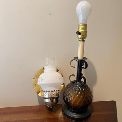2 Vintage Lamps - Wrought Iron Amber Glass, Wall Sconce