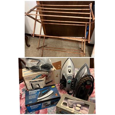Ironing Lot - Vintage Wood Drying Rack, Irons