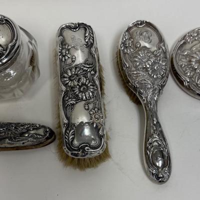 Antique Sterling Silver Vanity 5 piece Set - Mirror, brushes, nail buffer, jar