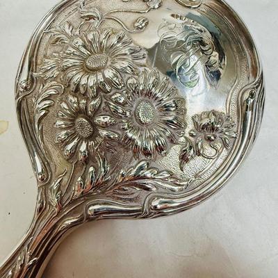 Antique Sterling Silver Vanity 5 piece Set - Mirror, brushes, nail buffer, jar