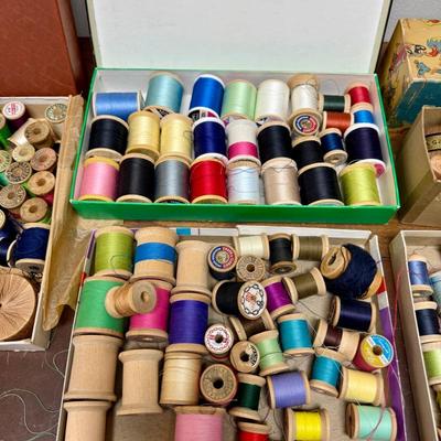 Vintage Sewing Notions Lot: Thread on Wooden Spools, Twine, and More