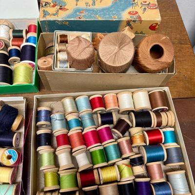 Vintage Sewing Notions Lot: Thread on Wooden Spools, Twine, and More