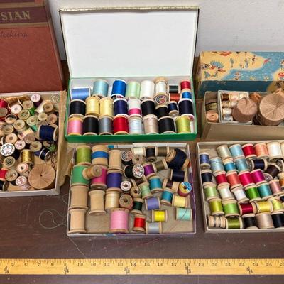 Sale Photo Thumbnail #217: Most thread is wound on vintage wooden spools. See photos for what's included in this lot.