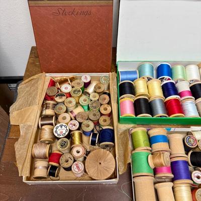 Vintage Sewing Notions Lot: Thread on Wooden Spools, Twine, and More
