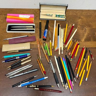 Vintage Writing Implement - Pencil and Pen Lot - Cross, Parker, Square Wooden Pencil, Advertising
