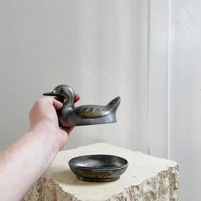 Vintage 1970’s Pewter & Brass Duck Bird Lidded Trinket Box Container Ring Dish