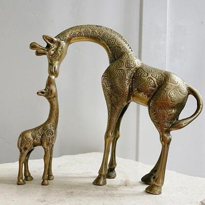 Pair of Vintage Mid Century Brass Momma & Baby Giraffe Statue Figurine Sculpture