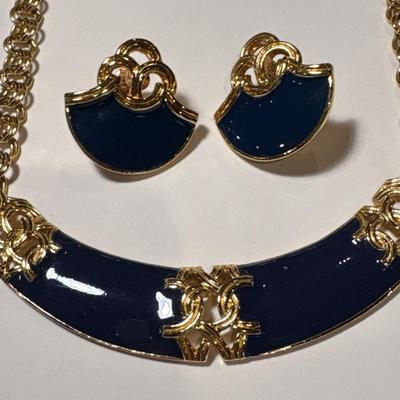 Gold & dark blue earrings/necklace