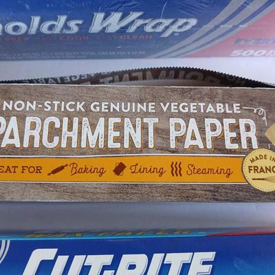 Kitchen Wrap Lot – Foil, Parchment, and Wax Paper – 5 Rolls Total